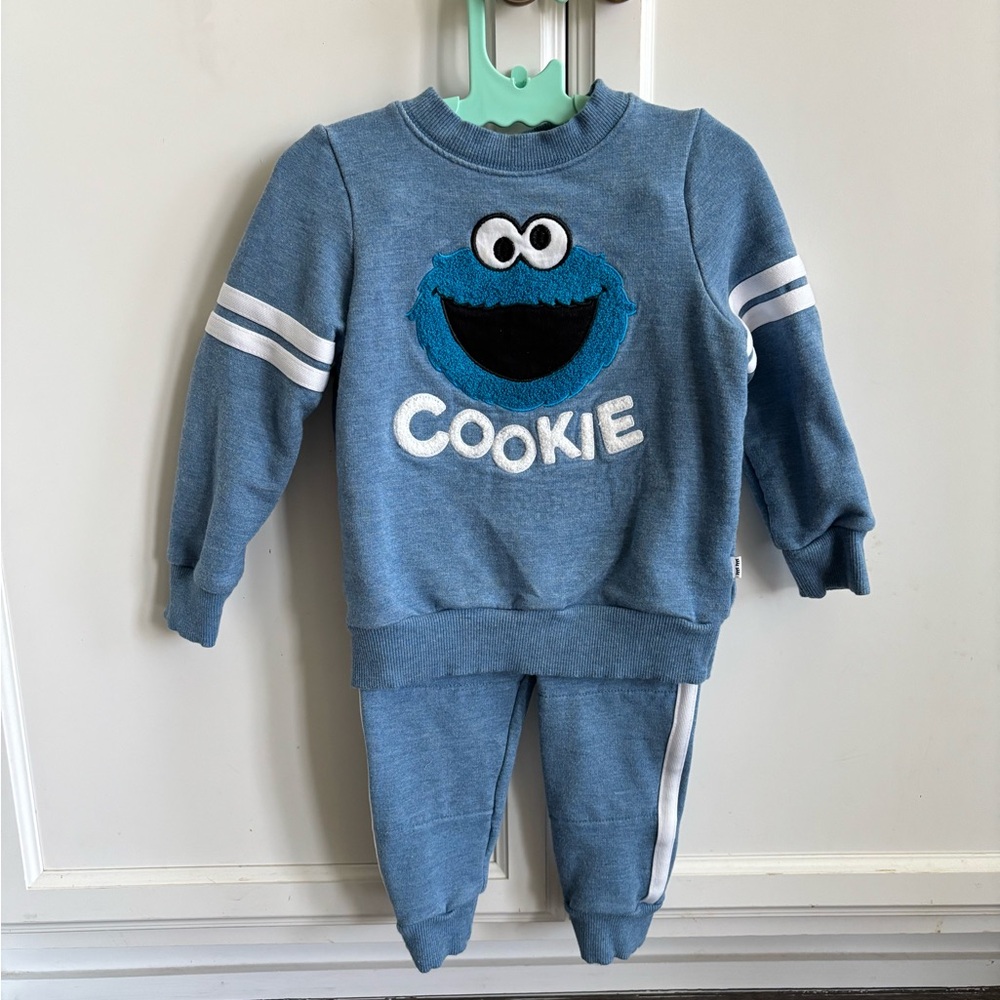 worn ONCE little sleepies cookie monster sweat set 18-24 months